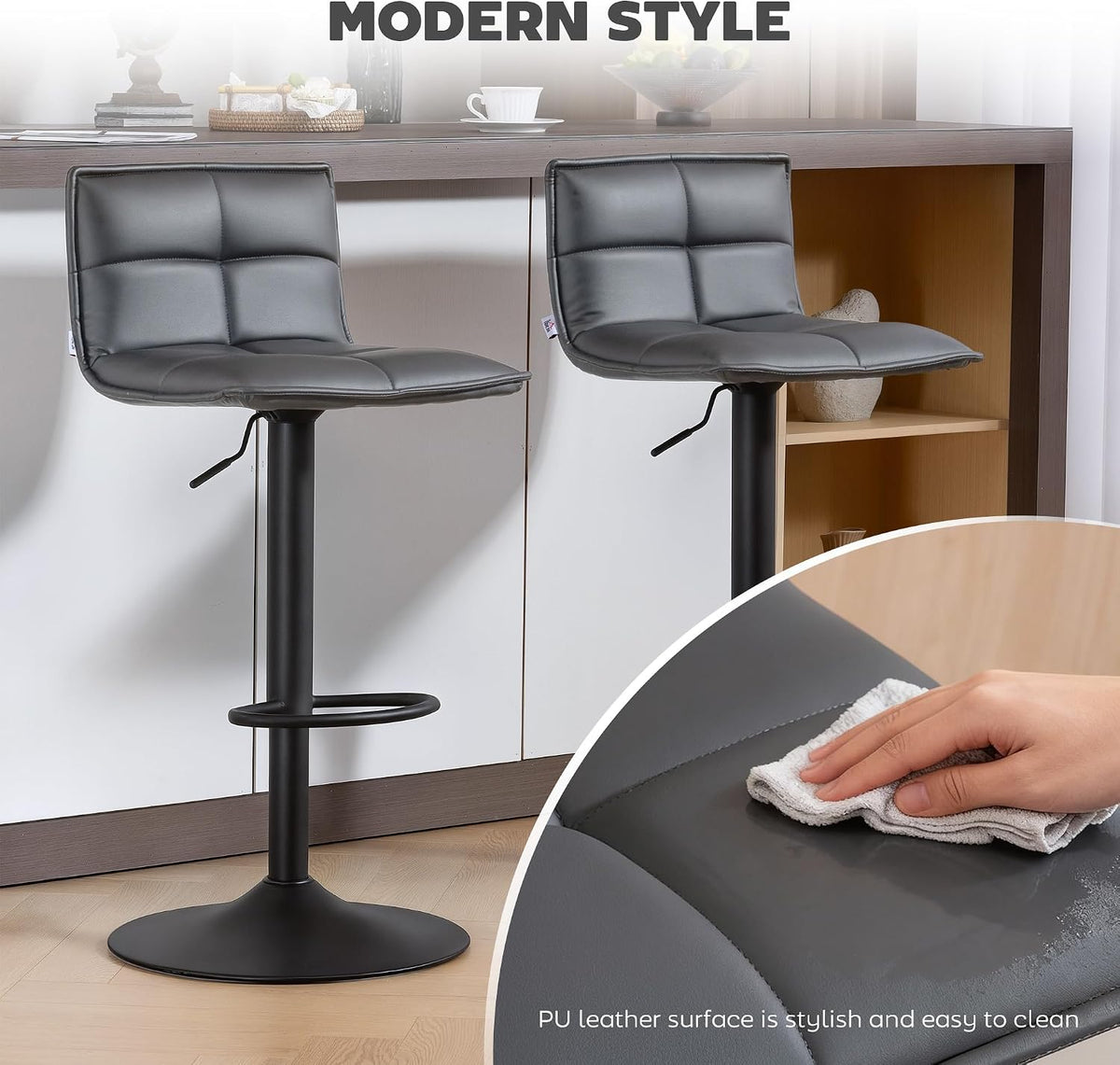 HOMCOM Bar Stools Set of 2 Modern Swivel Height Adjustable Chairs Dark Grey