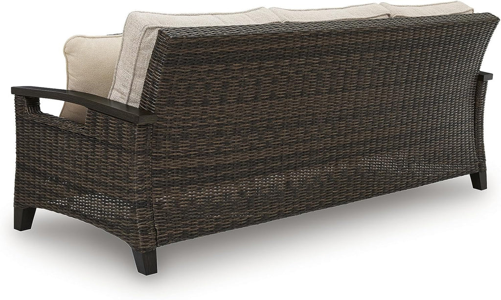 Signature Design by Ashley Drakes Beach 3-Seat Outdoor Sofa, Brown Wicker | Sturdy aluminum frame, Woven-look dark brown resin wicker, Bleach cleanable Nuvella fabric, 4 throw pillows included