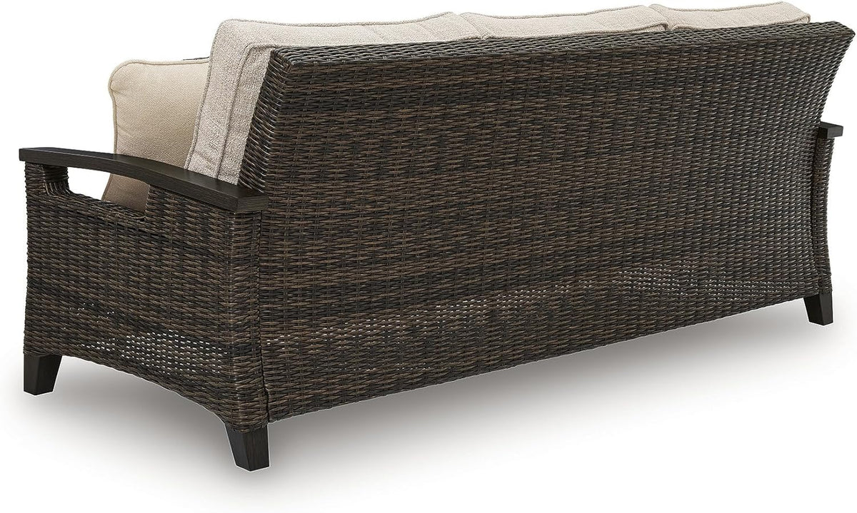 Signature Design by Ashley Drakes Beach 3-Seat Outdoor Sofa, Brown Wicker | Sturdy aluminum frame, Woven-look dark brown resin wicker, Bleach cleanable Nuvella fabric, 4 throw pillows included