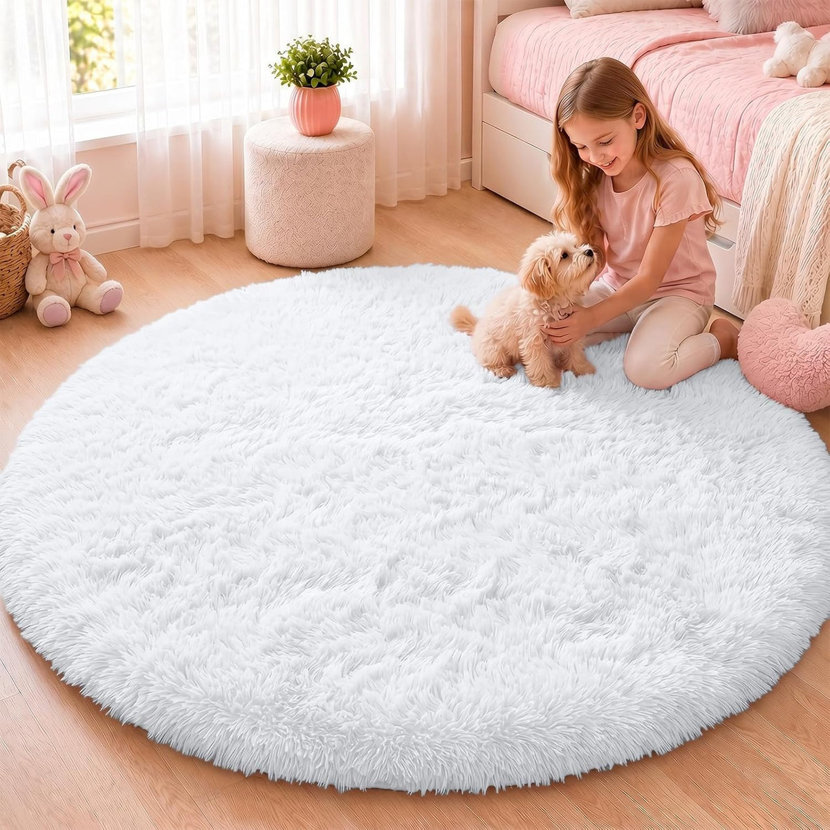OLANLY Beige Round Rugs for Bedroom - Machine Washable, 4 ft Circle Area Rugs for Living Room, Soft and Fluffy Shaggy Carpet for Teen Girls and Boys, Nursery Rooms, Dorms, Home Decor Aesthetic