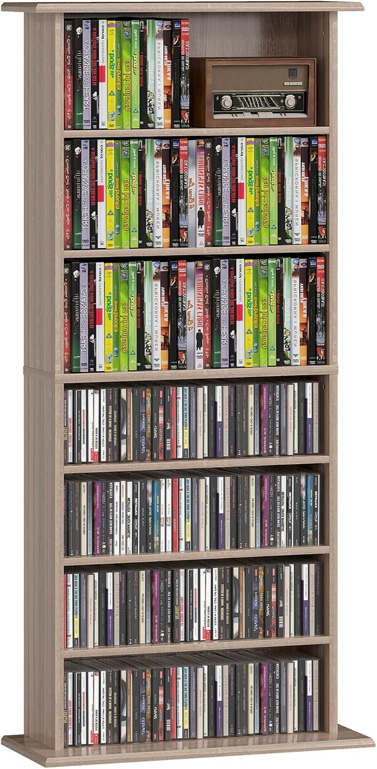 HOMCOM 360 CD/185 DVD Storage Unit 6 Adjustable Shelves Natural Wood Finish