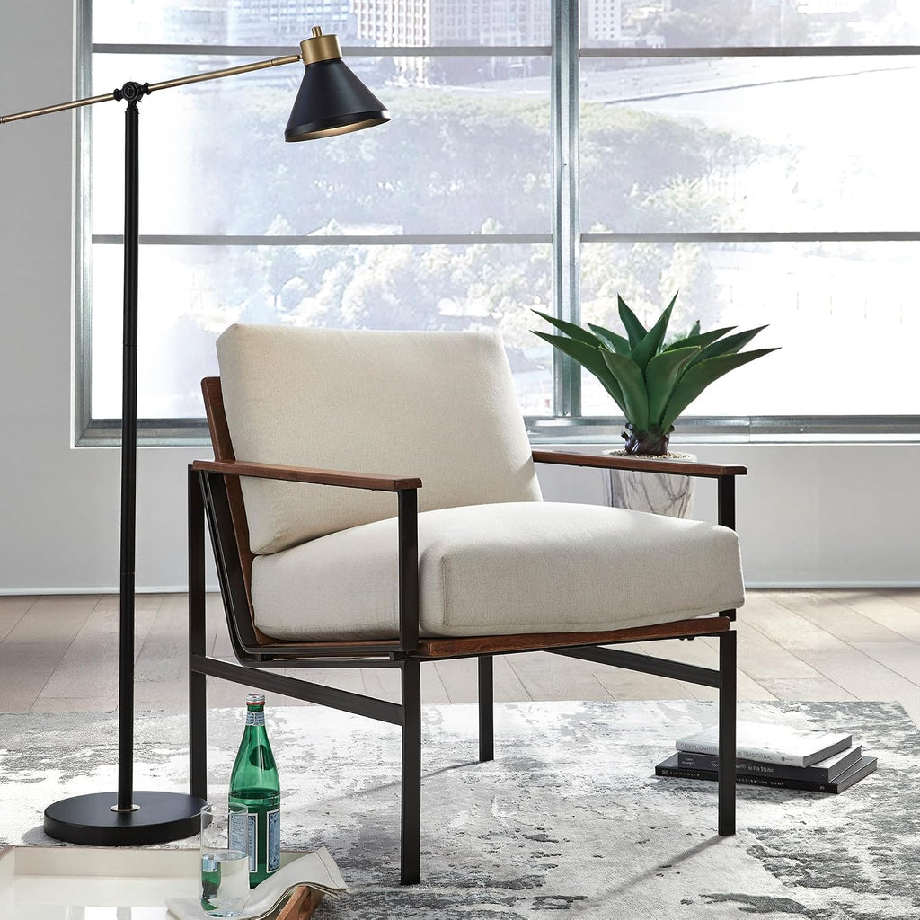 Signature Design by Ashley Accent Chair, Cream Upholstered Wood, Tilden | 100% polyester loose cushions, Warm brown wood arm caps, Oil-rubbed bronze tone metal base, Living room lounge seating