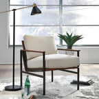 Signature Design by Ashley Accent Chair, Cream Upholstered Wood, Tilden | 100% polyester loose cushions, Warm brown wood arm caps, Oil-rubbed bronze tone metal base, Living room lounge seating