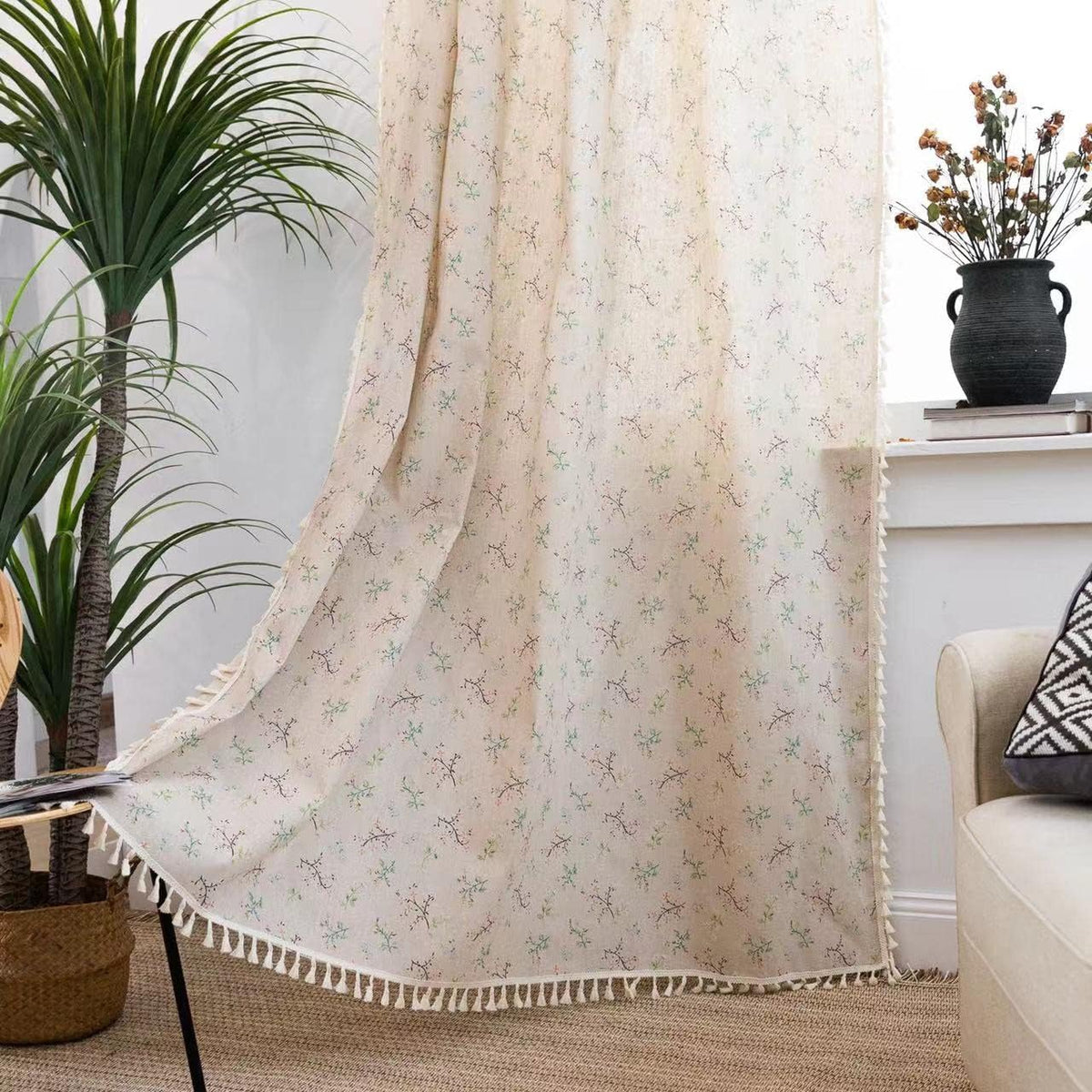 Sutuo Home Boho Curtain Crochet Lace Semi-Sheer Florals Hollow Knitted Handmade Tassels, Rod Pocket Window Treatment Vintage Rustic Farmhouse Drapes for Living Bedroom, 1 Panel 59" W x 84" L, Beige