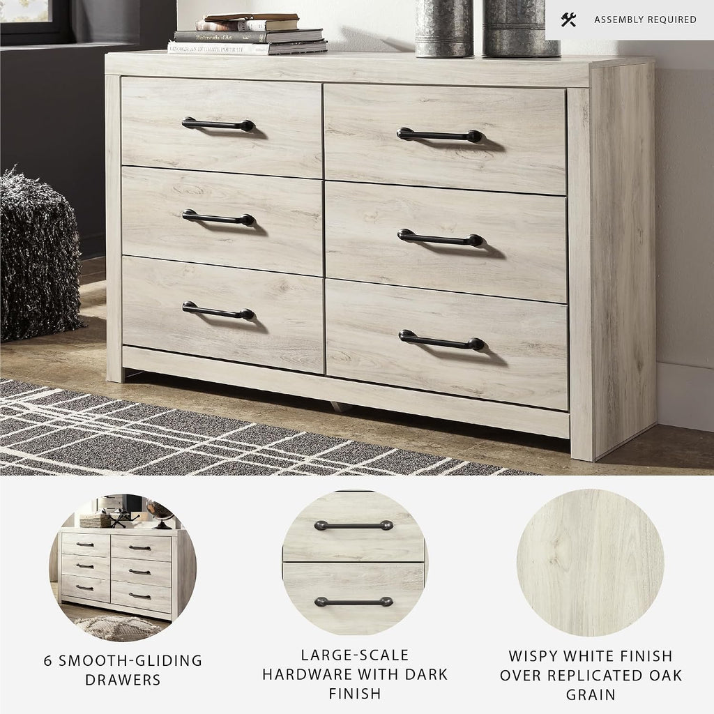 Signature Design by Ashley Cambeck 6 Drawer Dresser, Farmhouse White Wood | 59"W double dresser in engineered wood and decorative laminate, 6 drawers with faux linen lining, Includes tip restraint