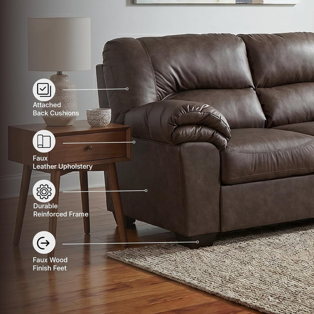Signature Design by Ashley Faux Leather Living Room Sofa, Umber | 87"W contemporary 3-seater, Anti-sag platform foundation, Easy-clean upholstery fits 32" doorways, WalkerPoint Series