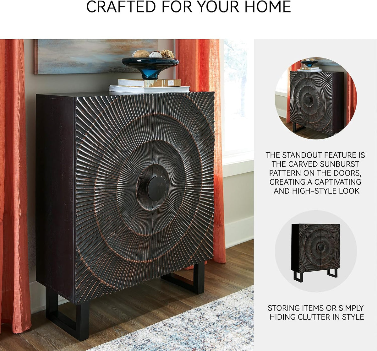 Signature Design by Ashley Fosterman Tall Sunburst Accent Cabinet, Black | Carved sunburst doors, Solid and engineered wood, 15-minute easy assembly, Storage credenza