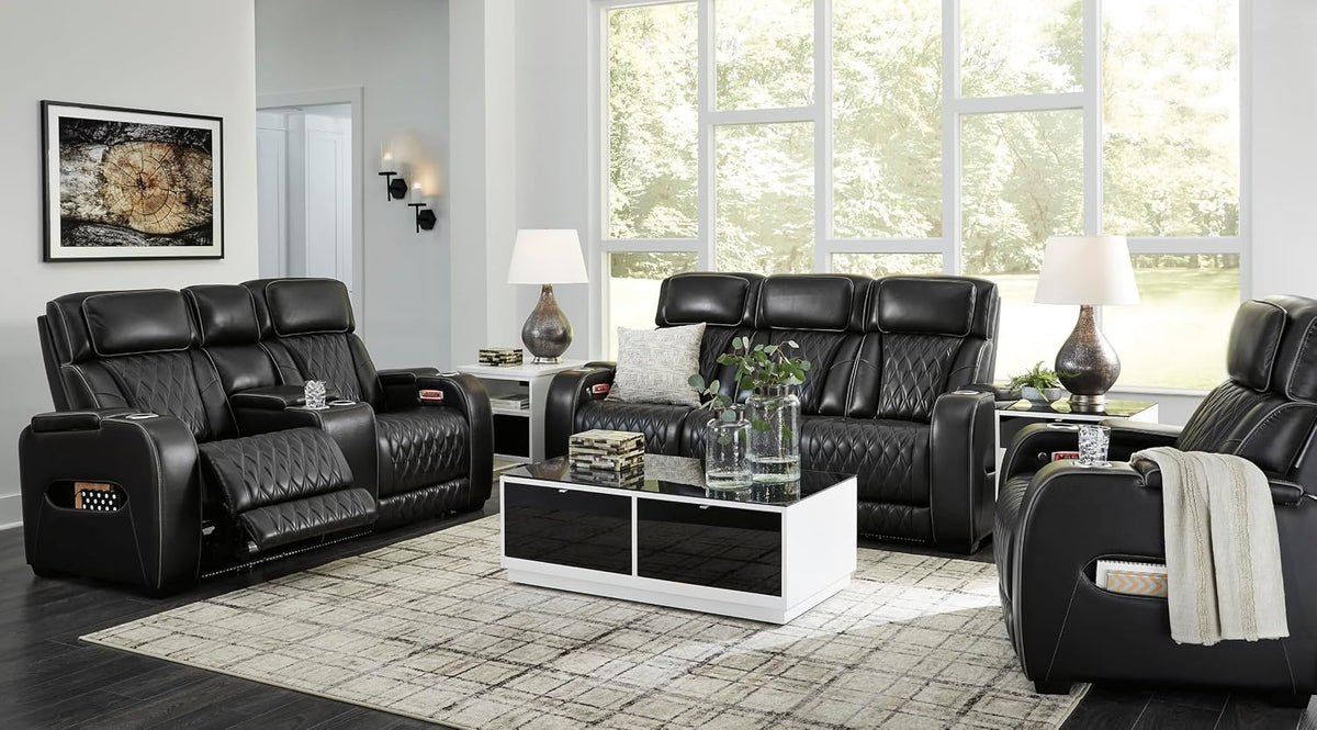 Signature Design by Ashley 3-Seater Leather Power Reclining Sofa, Black | 3-seater power headrest sofa with zero-gravity massage and heat, Drop-down table and arm storage, Boyington Series