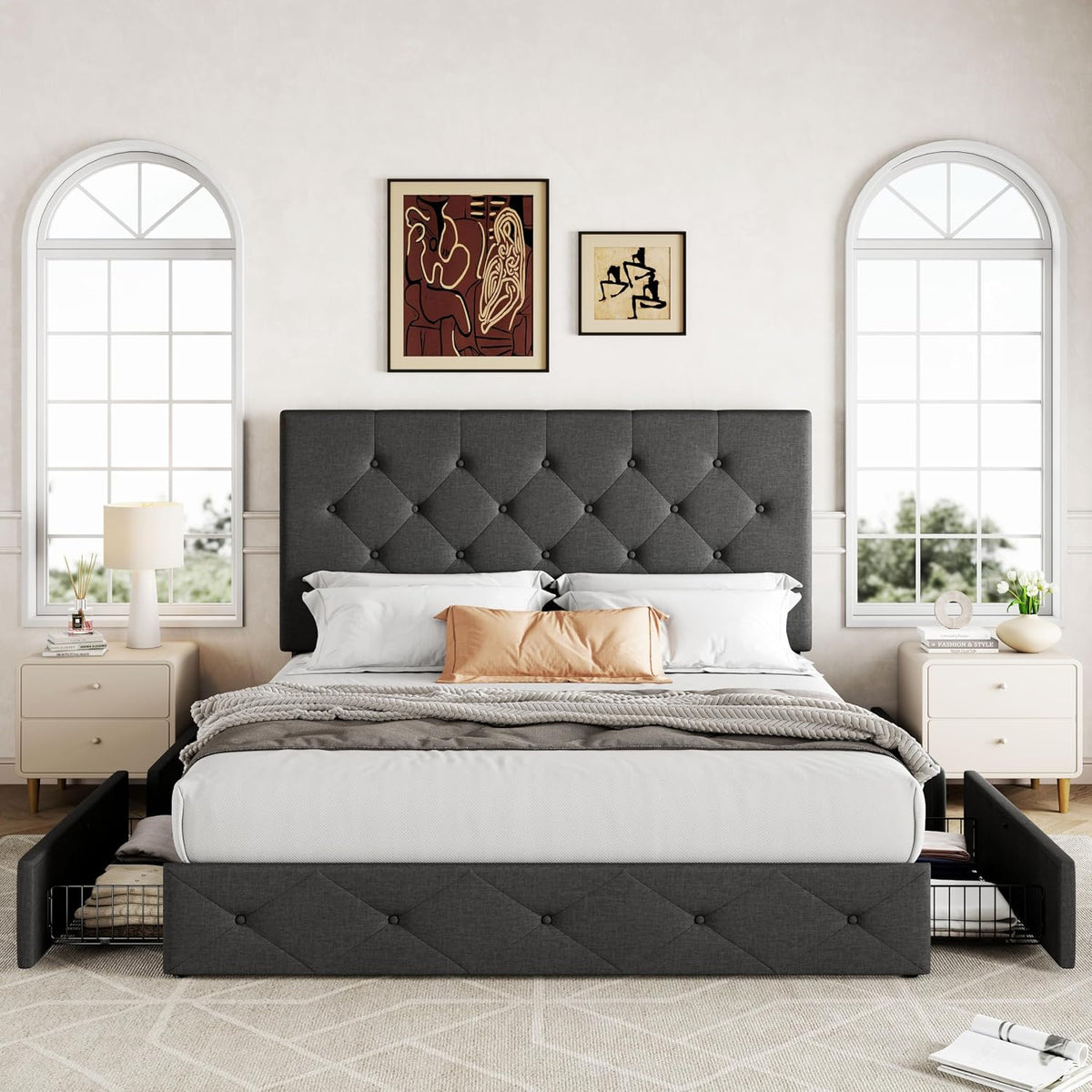 Allewie Queen Size Storage Bed Frame with 4 Underbed Drawers, Upholstered Platform Bed with Adjustable Headboard, Diamond Button Tufted, Easy Assembly, Noise-Free, No Box Spring Needed, Dark Grey