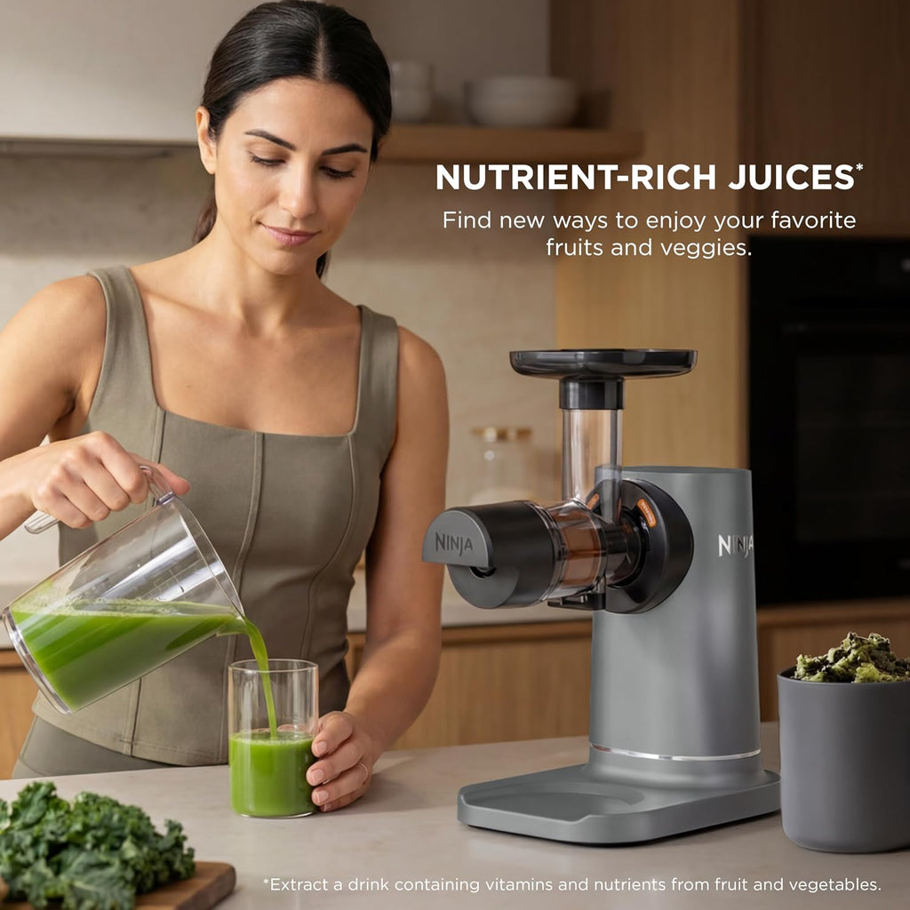 Ninja NeverClog Cold Press Juicer, 24oz Jug, 36oz Pulp, Charcoal, JC151 | 150W high-torque auger juices fibrous fruits & veggies. Total Pulp Control, 2 one-touch programs. Dishwasher safe.