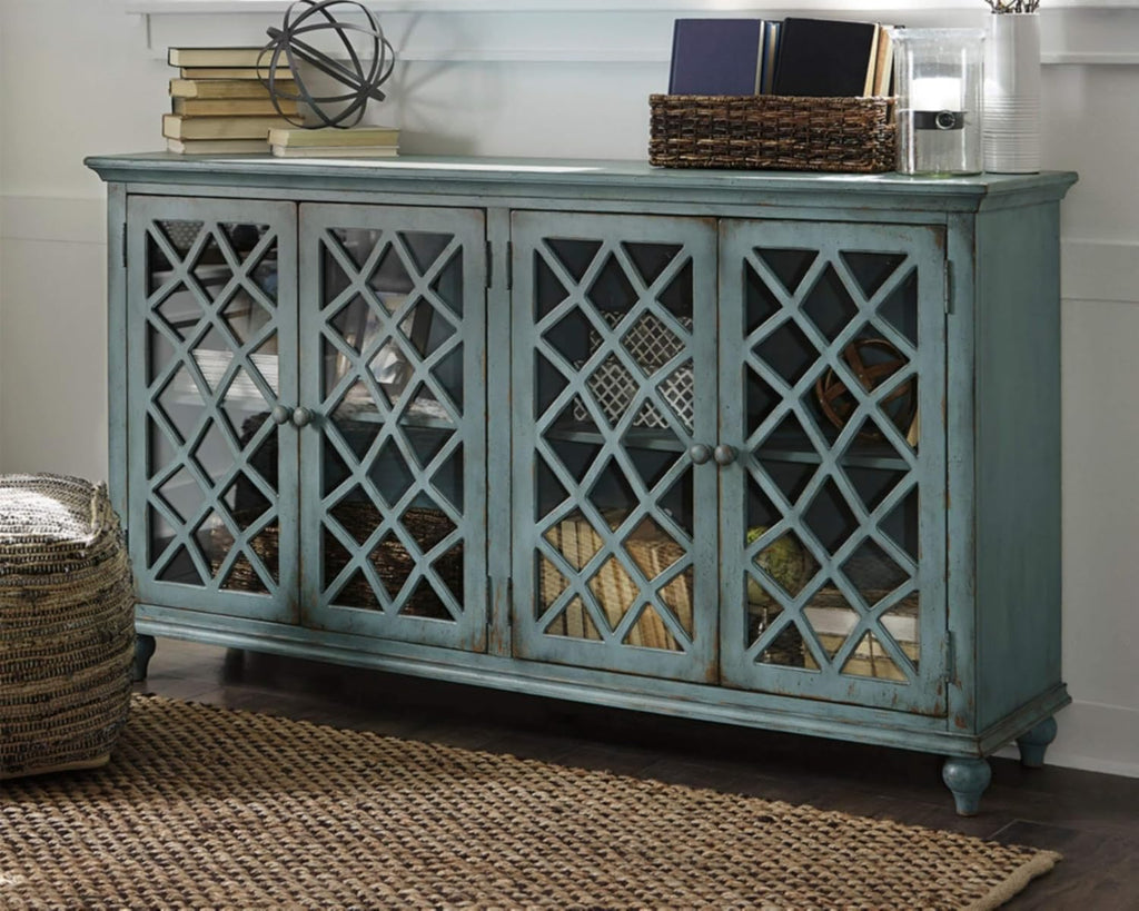 Signature Design by Ashley Mirimyn 4-Door Accent Cabinet, Antique Teal | Veneers, wood and engineered wood construction, Versatile TV stand or dining buffet, Adjustable shelves