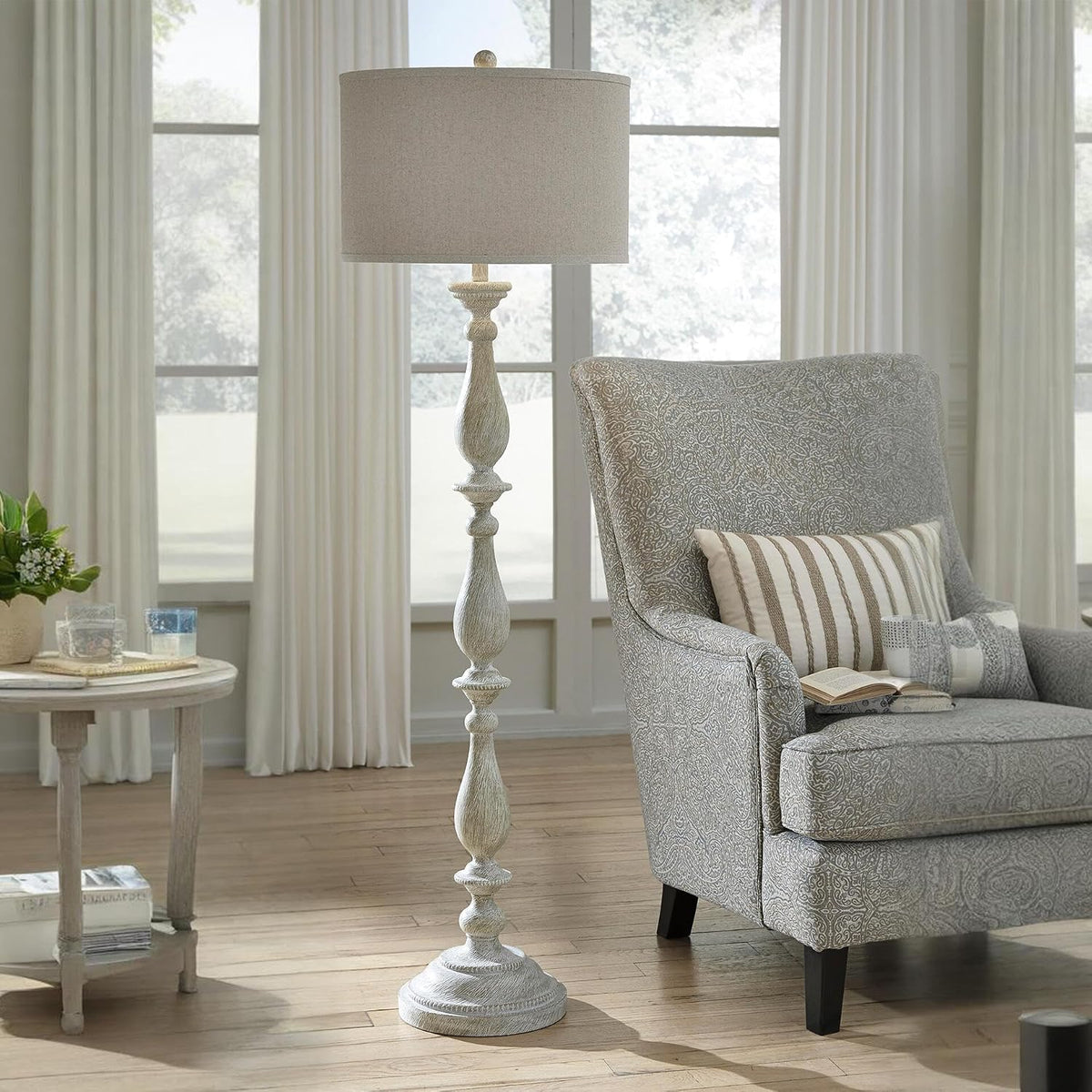 Signature Design by Ashley Bernadate Floor Lamp for Living Room, Whitewash | Fabric drum shade, 130-in power cord, 3-way switch, Cast resin construction, 14 lbs, 61-in height