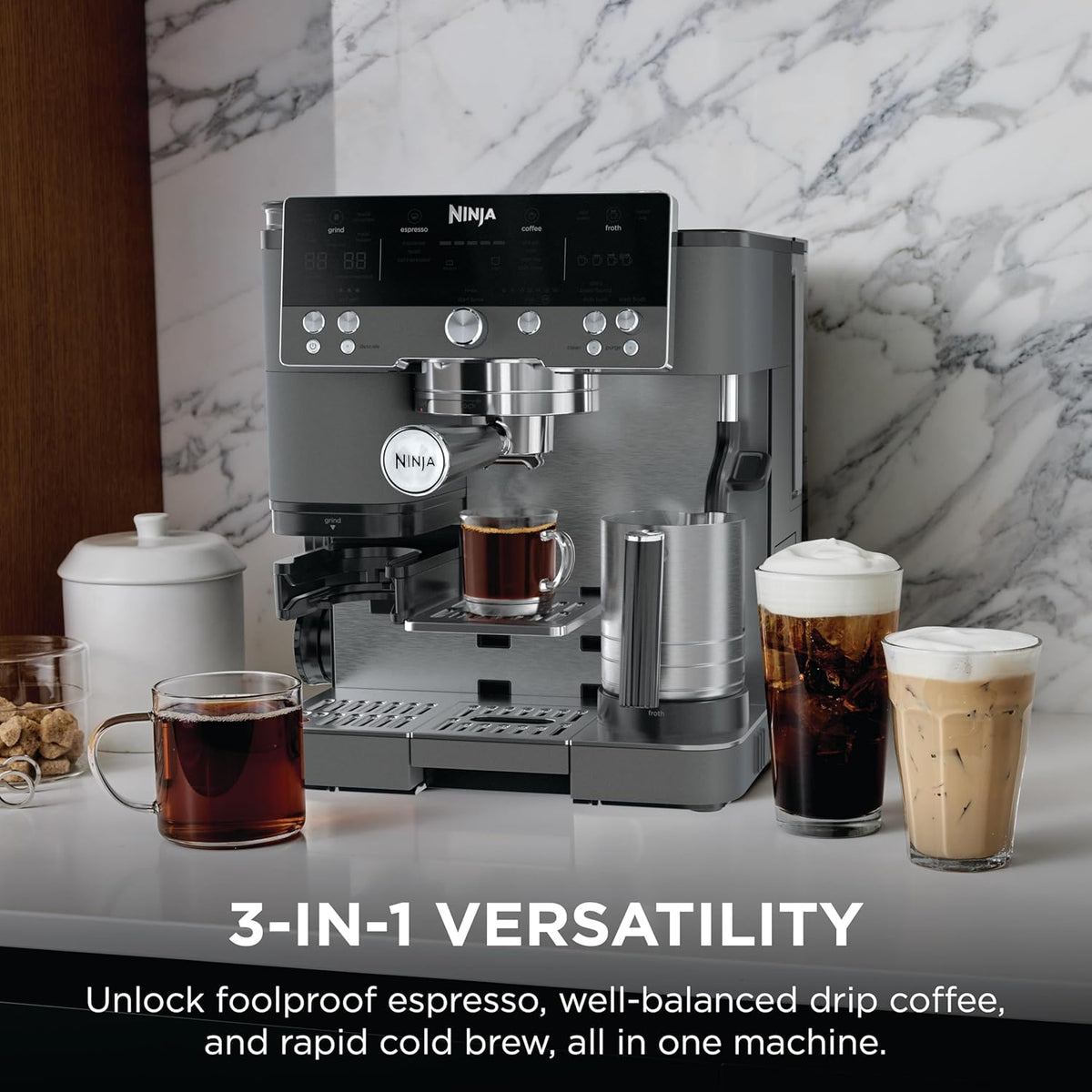 Ninja Luxe Café Premier Espresso & Rapid Cold Brew, Gunmetal, ES601GM | Drip Coffee, Built-in Coffee Grinder, Hands-Free Milk Frother, Assisted Tamper for Cappuccinos & Lattes