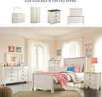 Signature Design by Ashley Coastal Wood Full Panel Bed, Whitewash | Durable engineered wood construction, Rustic whitewash finish, Includes headboard, footboard, and rails, Willowton Series