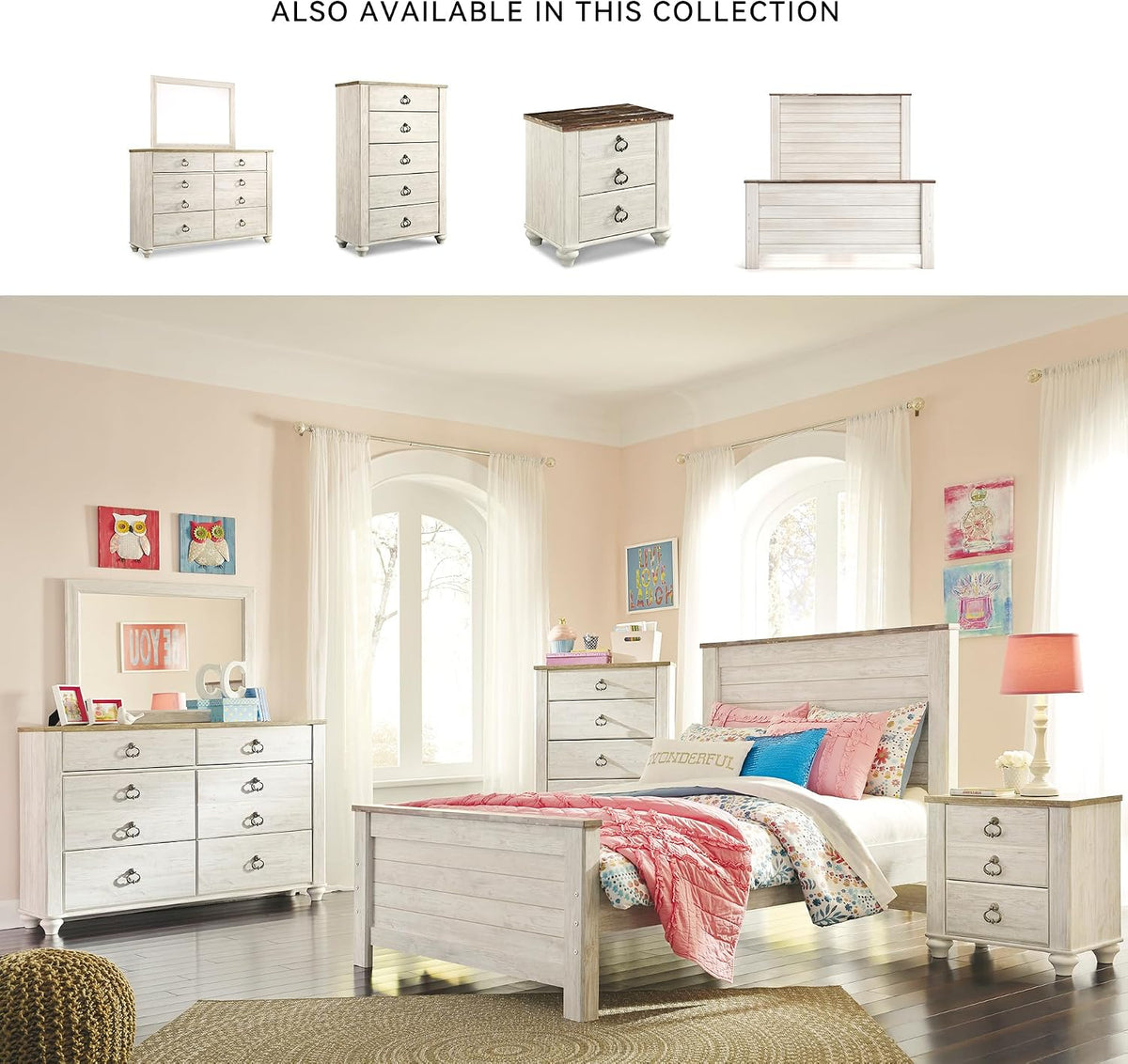 Signature Design by Ashley Coastal Wood Full Panel Bed, Whitewash | Durable engineered wood construction, Rustic whitewash finish, Includes headboard, footboard, and rails, Willowton Series