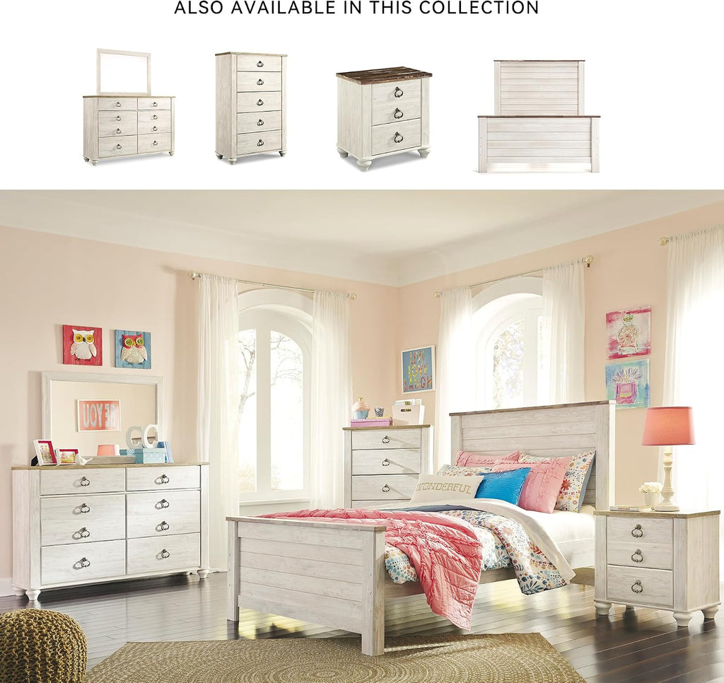 Signature Design by Ashley Coastal Wood Full Panel Bed, Whitewash | Durable engineered wood construction, Rustic whitewash finish, Includes headboard, footboard, and rails, Willowton Series