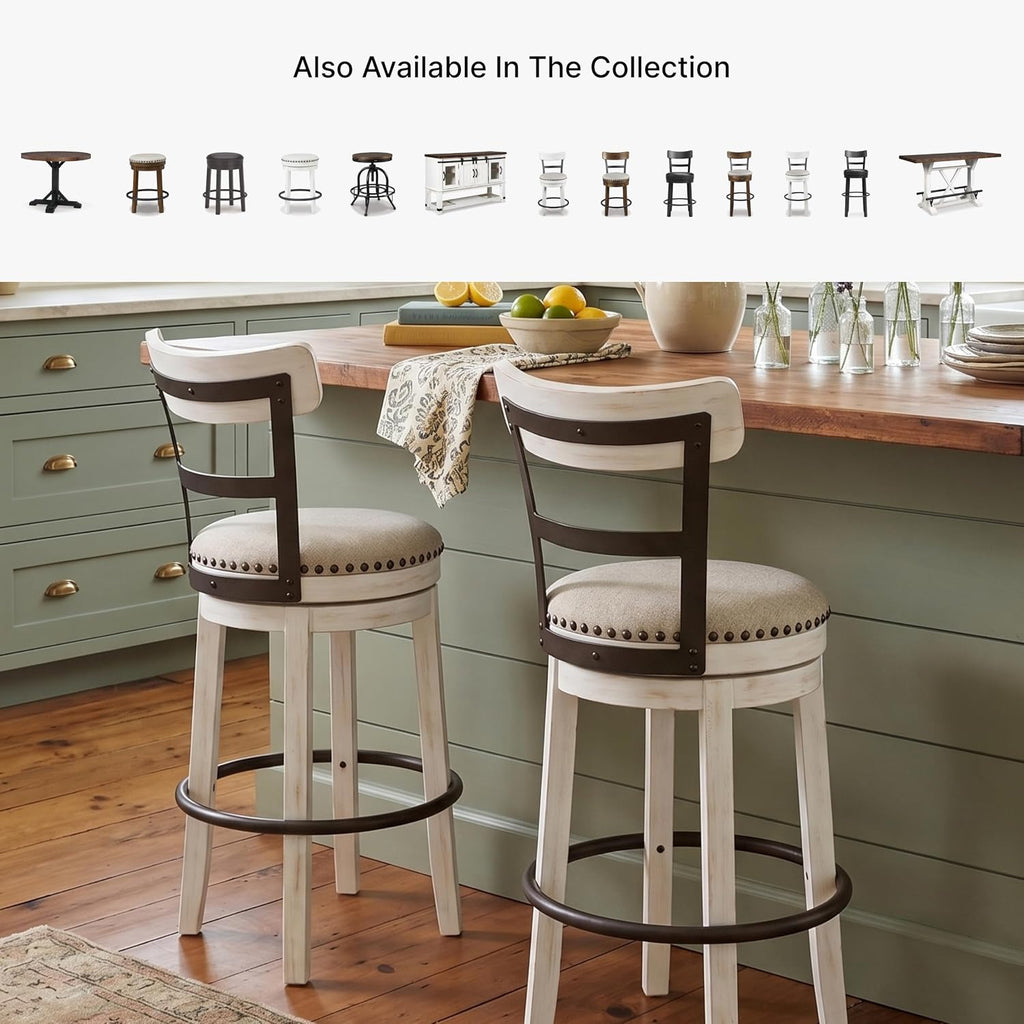 Signature Design by Ashley Valebeck 1-Piece Swivel Barstool, 30 In | Rustic white bar stools, Wood, engineered wood and metal frame, Cushioned polyester seat for pub tables, Farmhouse style