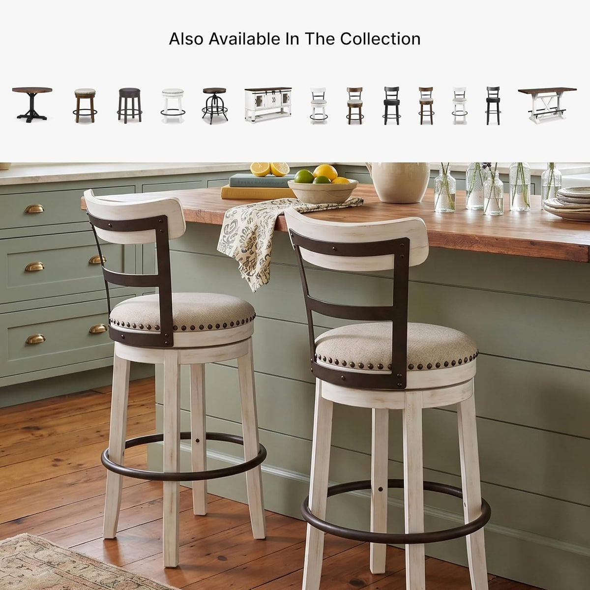 Signature Design by Ashley Valebeck 1-Piece Swivel Barstool, 30 In | Rustic white bar stools, Wood, engineered wood and metal frame, Cushioned polyester seat for pub tables, Farmhouse style