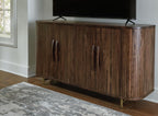 Signature Design by Ashley Mango Wood Accent Cabinet with Doors, Sideboard | Heavyweight construction in rich dark brown, Elegant vertical fluting, Curved sides, Wire management, Amickly Series