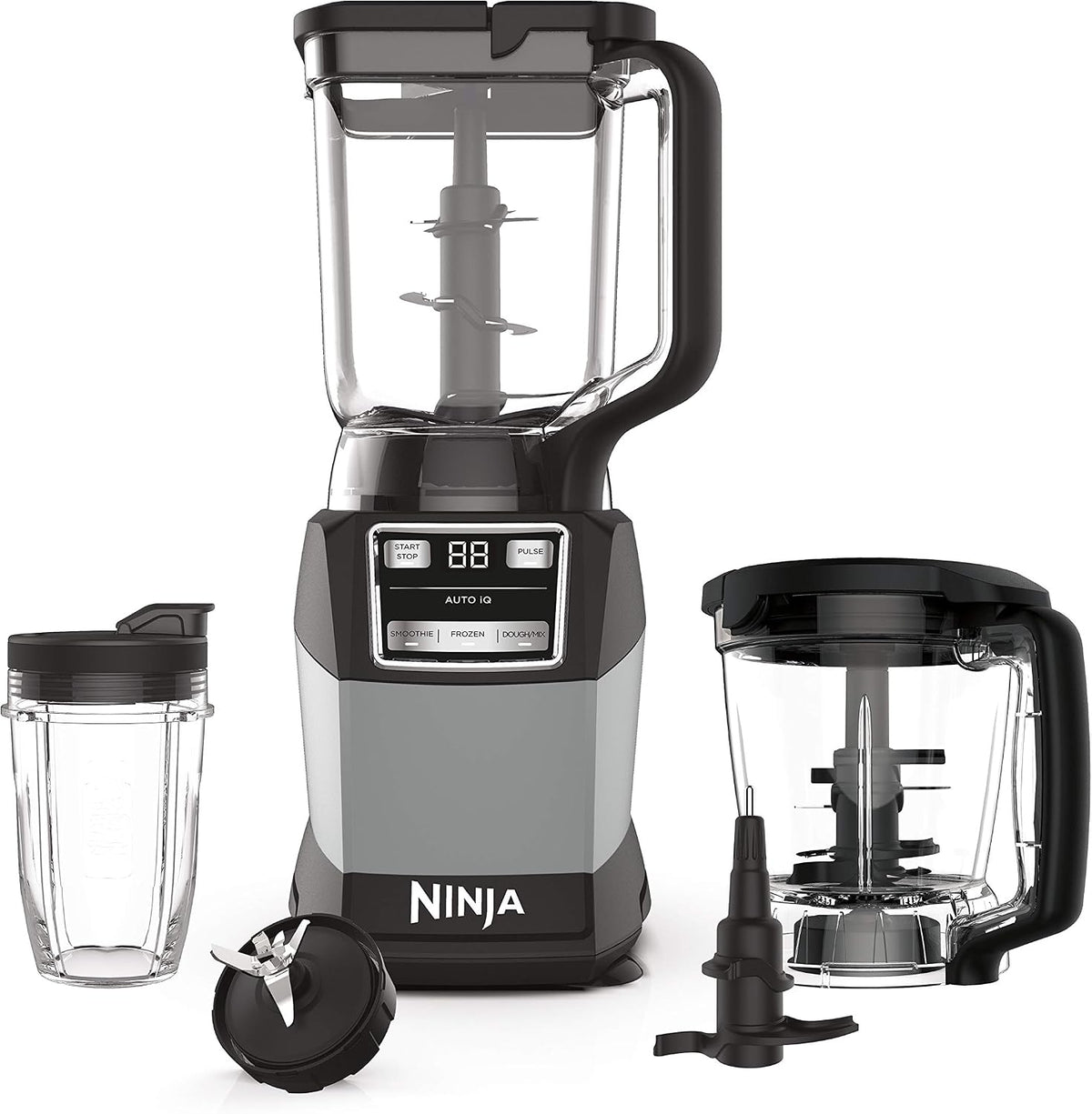 Ninja Compact Kitchen System, Auto-iQ, 1200W, 72oz Pitcher, Grey, AMZ493BRN | 3 functions for smoothies, dough & frozen drinks with Auto-iQ. 72-oz pitcher, 40-oz processor bowl, 18-oz cup.