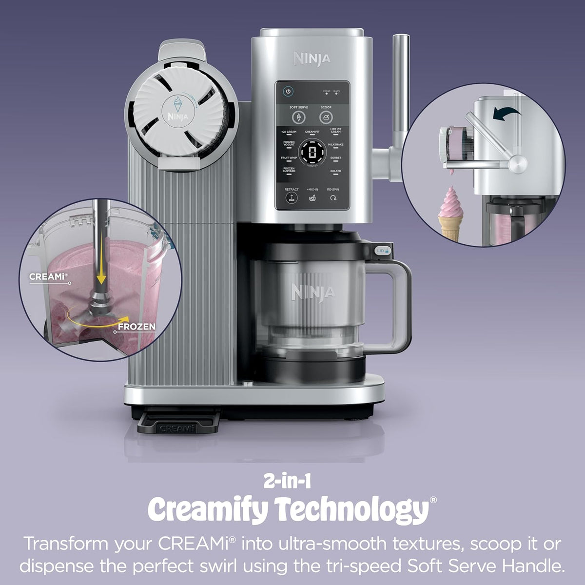 Ninja CREAMi Scoop & Swirl Ice Cream and Soft Serve Maker, Oprah's Favorite Things 2025, 13 Programs, Soft Serve Handle & (4) CREAMi 2-in-1 16oz Pints, Gift for Kids & ALL ages, NC701