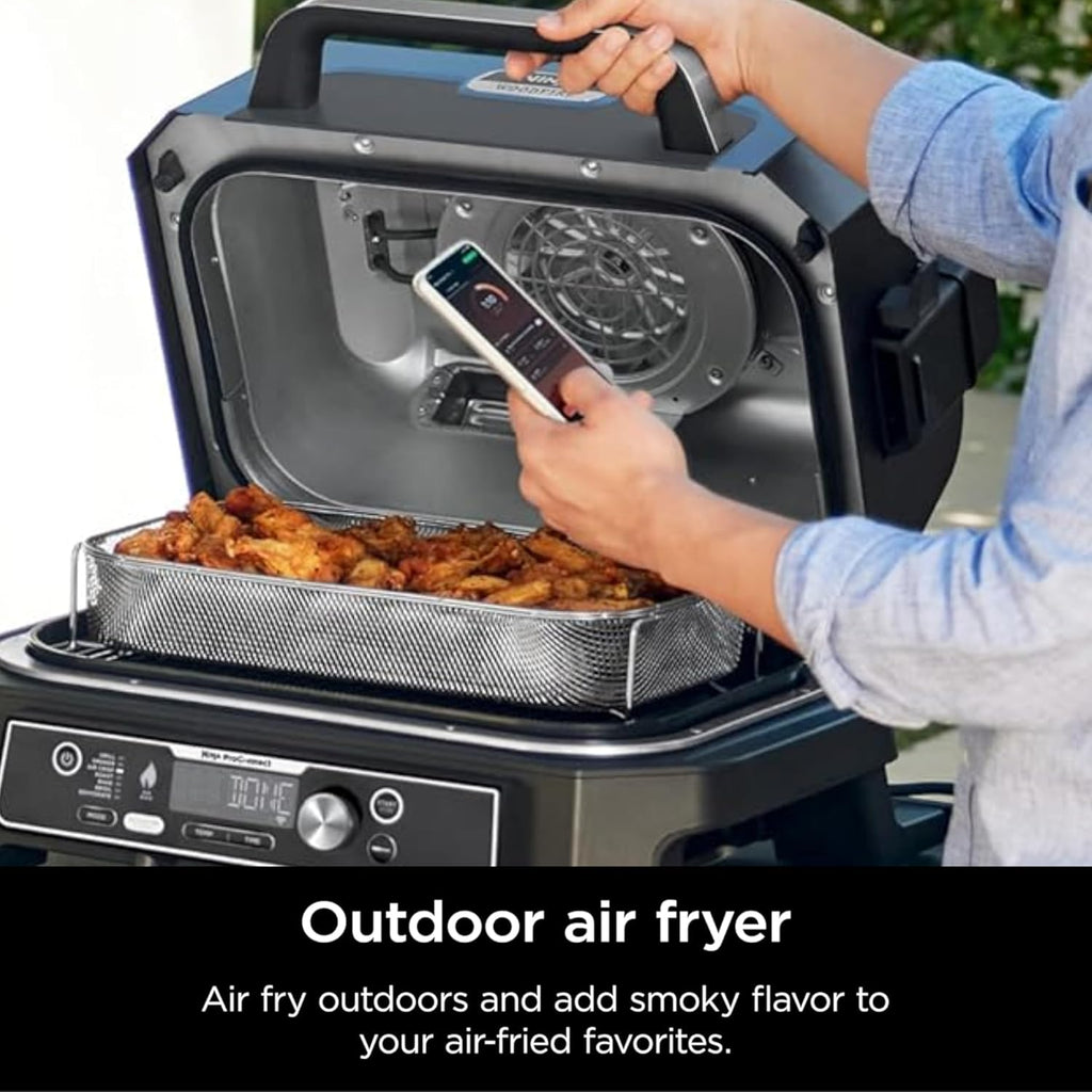 Ninja Woodfire ProConnect Premium XL Outdoor Grill & Smoker, Black & Gold | Ninja Woodfire ProConnect 7-in-1 Grill has 180 sq in of space, and an app-connected thermometer for foolproof BBQ smoking