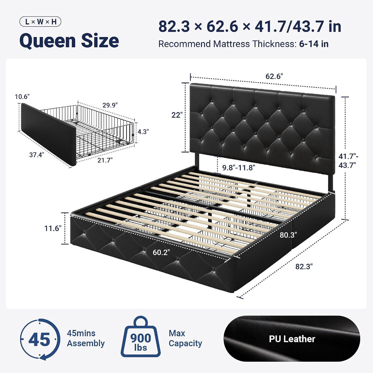 Allewie Queen Size Storage Bed Frame with 4 Underbed Drawers, Upholstered Platform Bed with Adjustable Headboard, Diamond Button Tufted, Easy Assembly, Noise-Free, No Box Spring Needed, Black