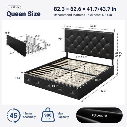 Allewie Queen Size Storage Bed Frame with 4 Underbed Drawers, Upholstered Platform Bed with Adjustable Headboard, Diamond Button Tufted, Easy Assembly, Noise-Free, No Box Spring Needed, Black