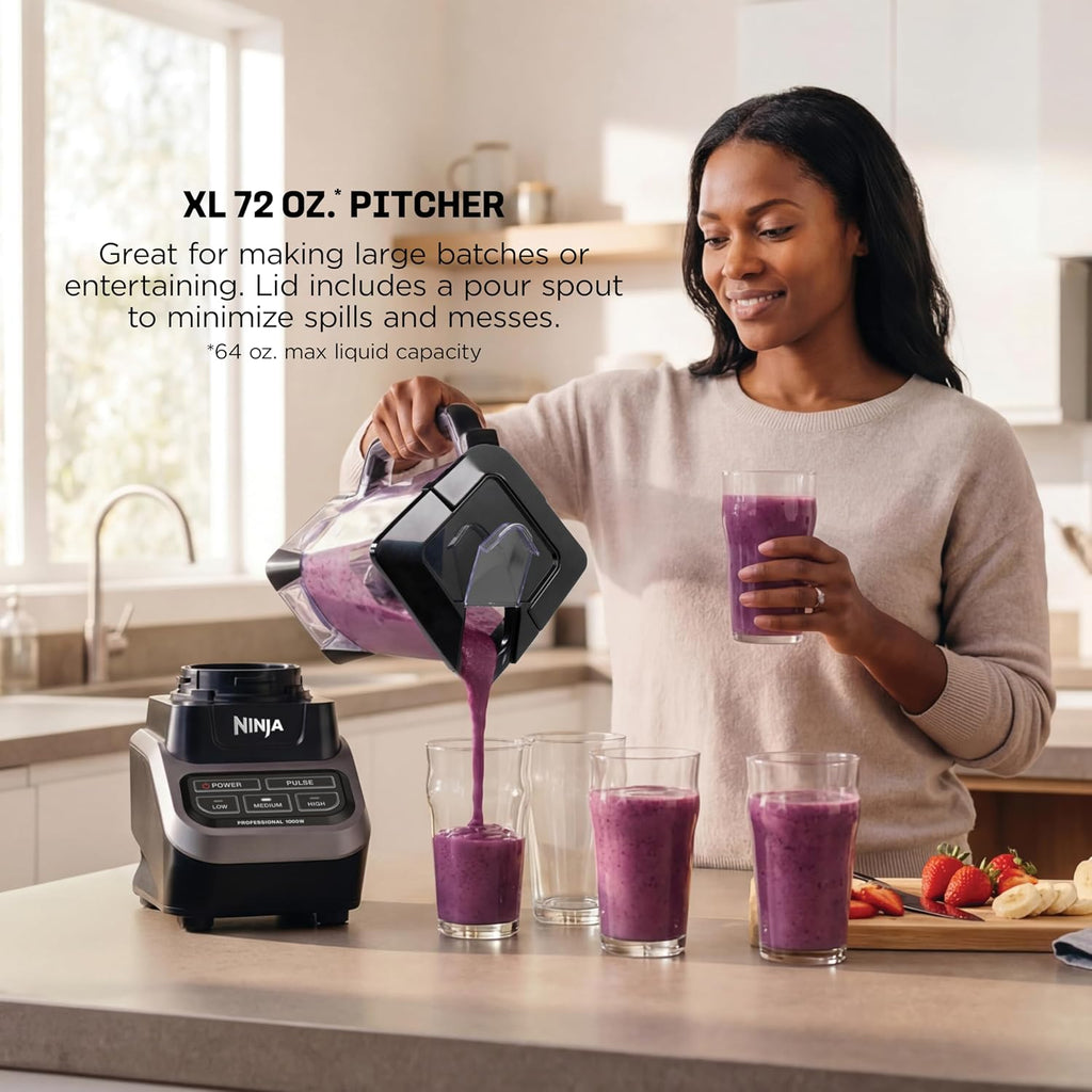 Ninja Professional Blender, 1000W, Total Crushing Tech, 72oz Pitcher, BL610 | 1000W Total Crushing blades crush ice & blend smoothies, sauces. XL 72-oz pitcher for family batches. Dishwasher-safe parts.