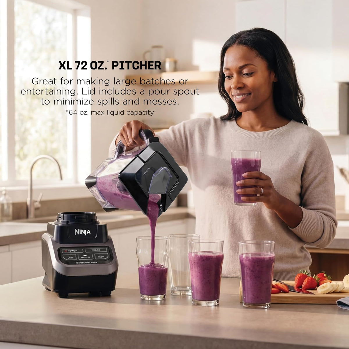 Ninja Professional Blender, 1000W, Total Crushing Tech, 72oz Pitcher, BL610 | 1000W Total Crushing blades crush ice & blend smoothies, sauces. XL 72-oz pitcher for family batches. Dishwasher-safe parts.
