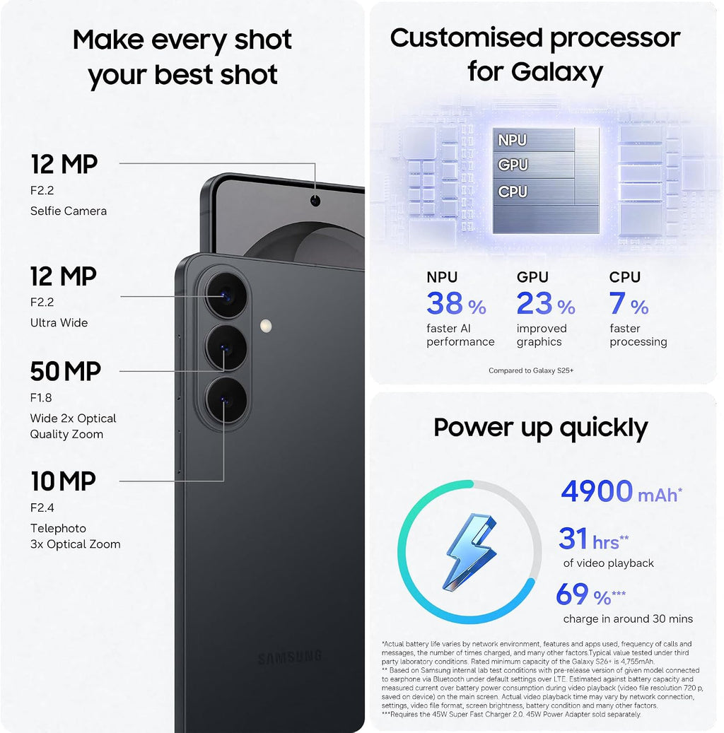 Samsung Galaxy S26+ AI Phone, Customised AP Processor, 50 MP Camera, 12 GB Memory, 256 GB Storage, 4900 mAh Battery, Galaxy AI, Black, 3 Year Extended Warranty (UK Version)