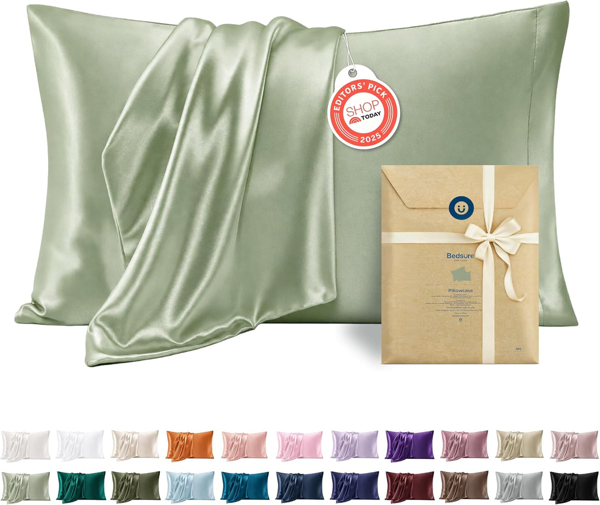Bedsure Satin Pillowcase Standard Set of 2, Silky Pillow Cases, Beige