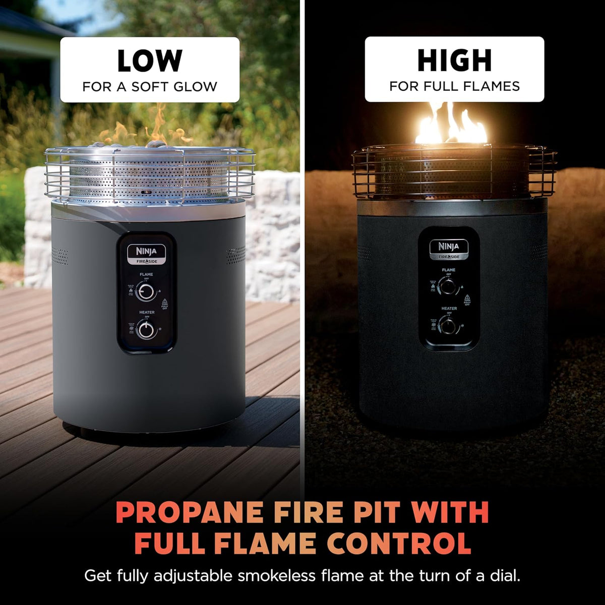 Ninja Fireside360 Fire Pit & Heater, 80,000 BTU, 3 Modes, Push Start, Gray | Ninja Fireside360 offers flame, heat, or both with up to 80,000 BTUs, hassle-free dial control, and smokeless design