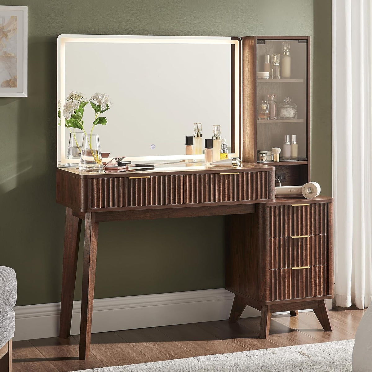 T4TREAM 48" Fluted Makeup Vanity Desk with 36" Lighted Mirror, Oak
