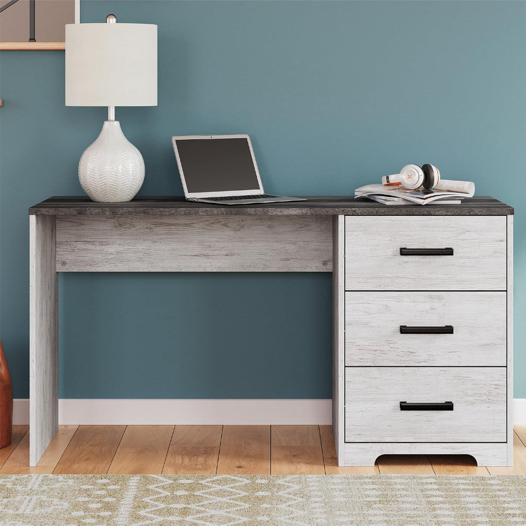 Signature Design by Ashley Farmhouse Desk with Drawers, 54", White & Gray | Engineered wood, 3 smooth-gliding drawers, Fully finished back, 19 in depth, Modern farmhouse style, Shawburn Series