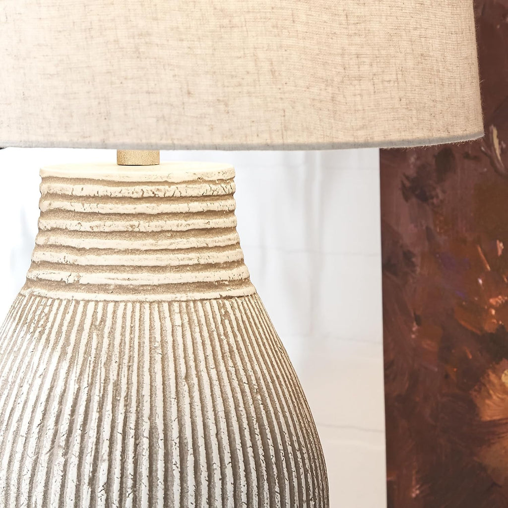 Signature Design by Ashley Layal 29" Table Lamp, Living Room, Beige | Textured paper composite base with 16-inch modified drum shade, 3-way switch for side accents, Stable 10-lb base