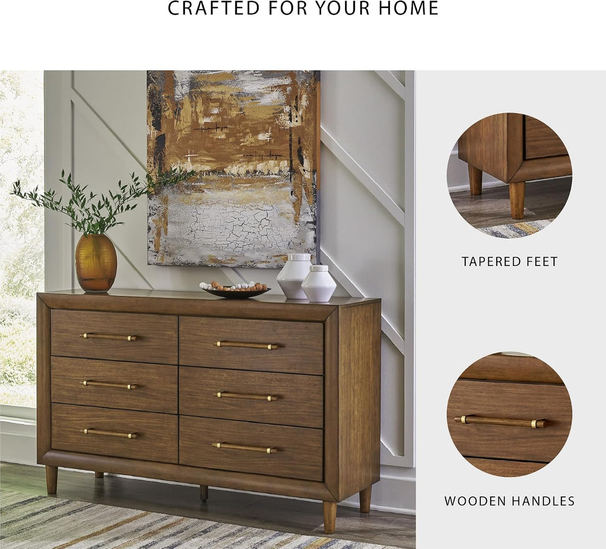 Signature Design by Ashley Mid Century Modern 6 Drawer Dresser for Bedroom | 6-drawer double dresser, Hardwood solids mango wood veneer and MDF substrates, Bedroom storage, Lyncott Series