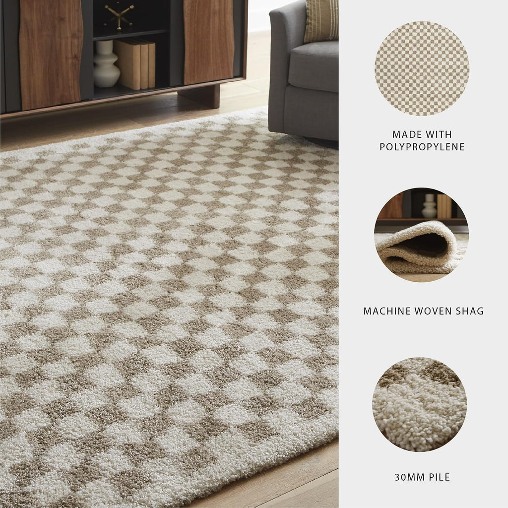 Signature Design by Ashley Checkered Shag Area Rug, Taupe/Ivory, 5x7 | 100% polypropylene 30 mm high pile, Soft plush texture for bedrooms and lounge areas, Karamen Series