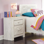Signature Design by Ashley Nightstand, Paxberry Boho Whitewash | Engineered wood and decorative laminate, Ornate carved-effect medallion details, Includes 2 built-in USB charging ports