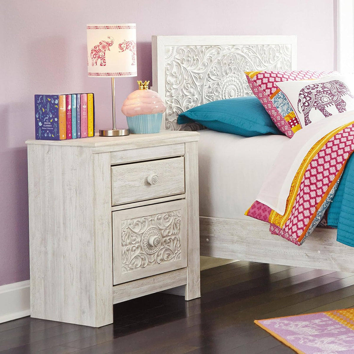 Signature Design by Ashley Nightstand, Paxberry Boho Whitewash | Engineered wood and decorative laminate, Ornate carved-effect medallion details, Includes 2 built-in USB charging ports