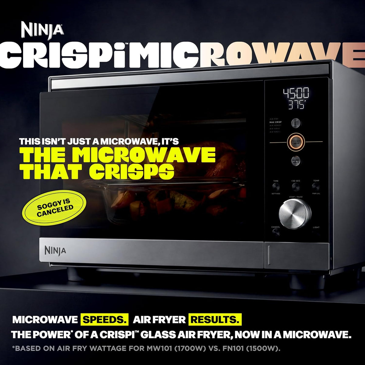 Ninja® Crispi™ Microwave & Air Fryer with FusionCrisp, Silver, MW101 | Replaces a countertop microwave and air fryer with 14 functions; Fast 1000W microwave and powerful 1700W Ninja® air fryer.