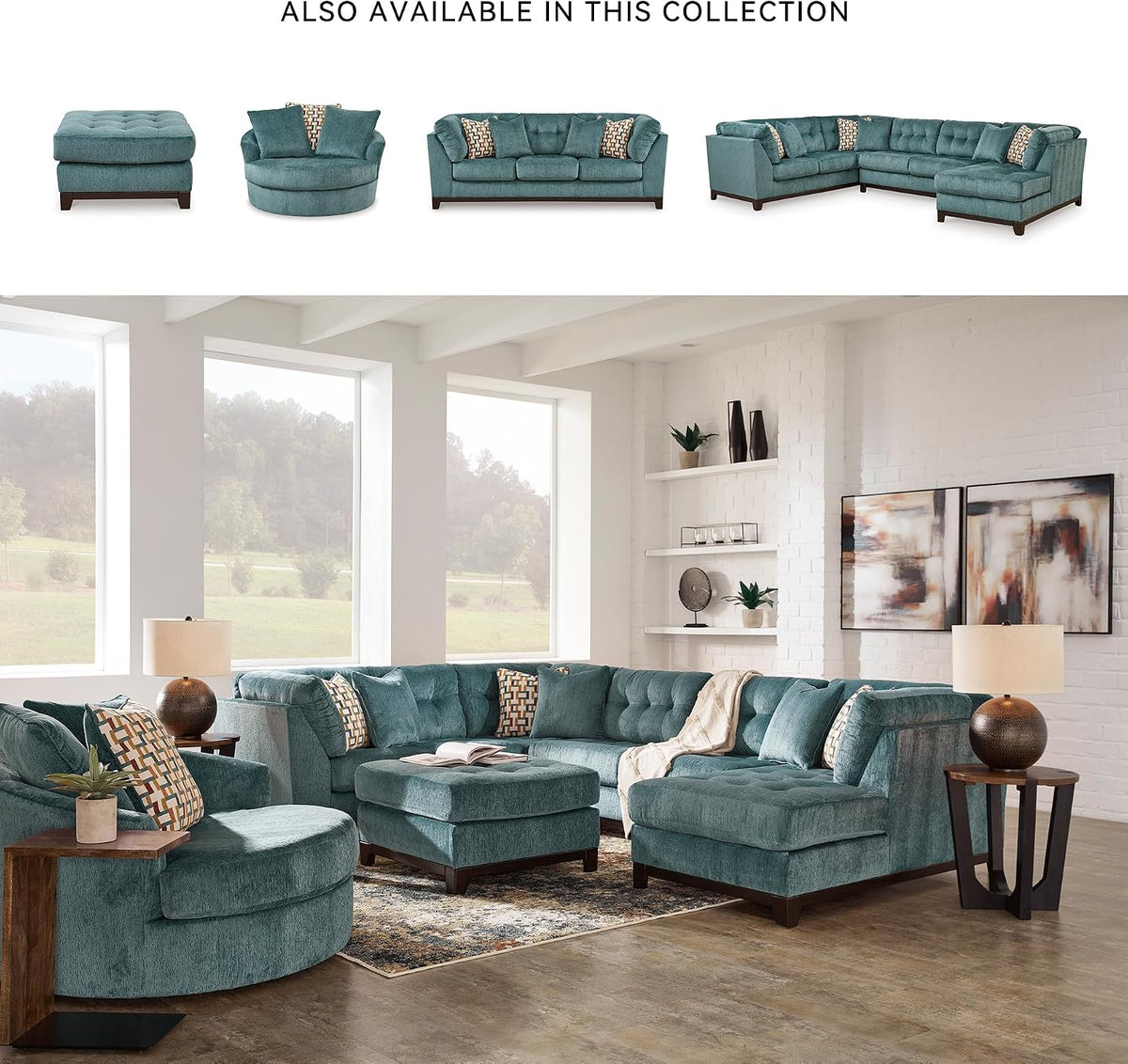 Signature Design by Ashley Laylabrook Scandinavian Upholstered Oversized Swivel Accent Chair with 3 Back Pillows, Green