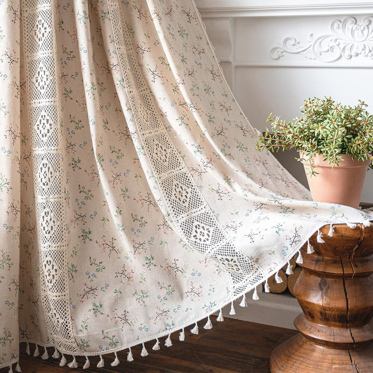 Sutuo Home Boho Curtain Crochet Lace Semi-Sheer Florals Hollow Knitted Handmade Tassels, Rod Pocket Window Treatment Vintage Rustic Farmhouse Drapes for Living Bedroom, 1 Panel 59" W x 84" L, Beige