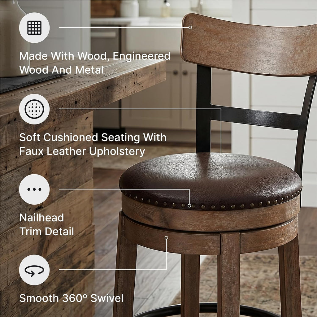 Signature Design by Ashley Pinnadel 30" Swivel Bar Height Barstool, Brown | Faux leather padded seat for easy cleanup, Sturdy wood, engineered wood, and metal frame, Built-in comfort footrest