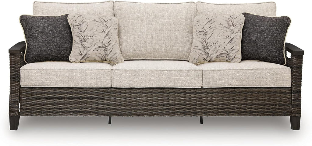 Signature Design by Ashley Drakes Beach 3-Seat Outdoor Sofa, Brown Wicker | Sturdy aluminum frame, Woven-look dark brown resin wicker, Bleach cleanable Nuvella fabric, 4 throw pillows included