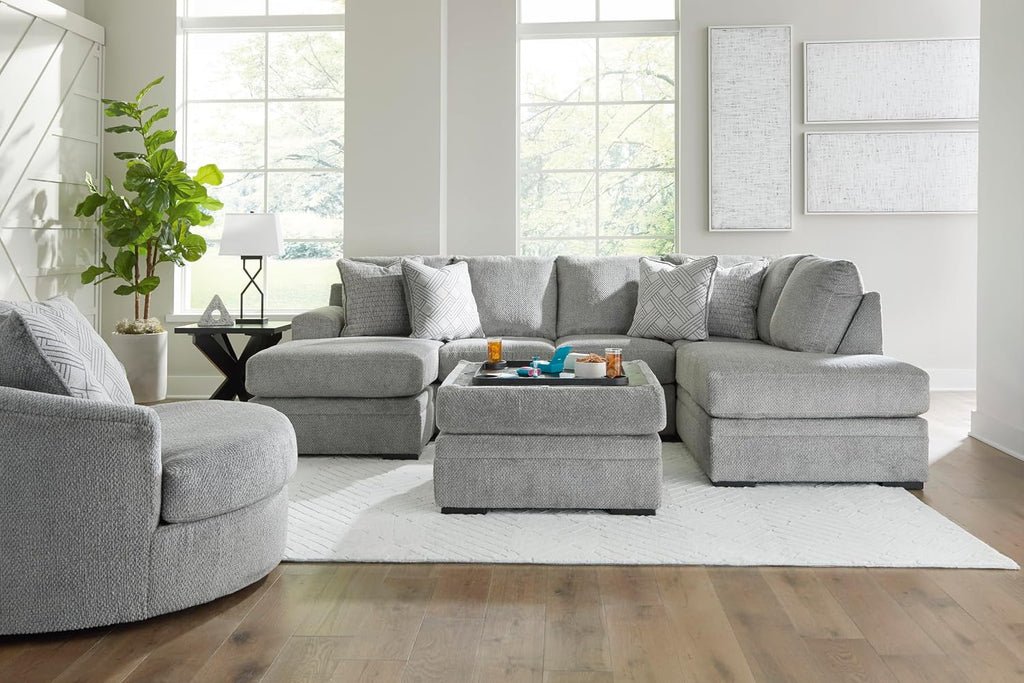 Signature Design by Ashley Square Ottoman with Storage and Cup Holders | Cement gray 100% polyester velvet, No assembly required, Faux wood legs, Casselbury Series