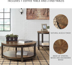 Signature Design by Ashley Roybeck 3-Piece Wood Coffee and End Table Set | Round tables with fixed lower shelves, Dark bronze-tone frame, Veneers, wood and engineered wood, Natural acacia finish