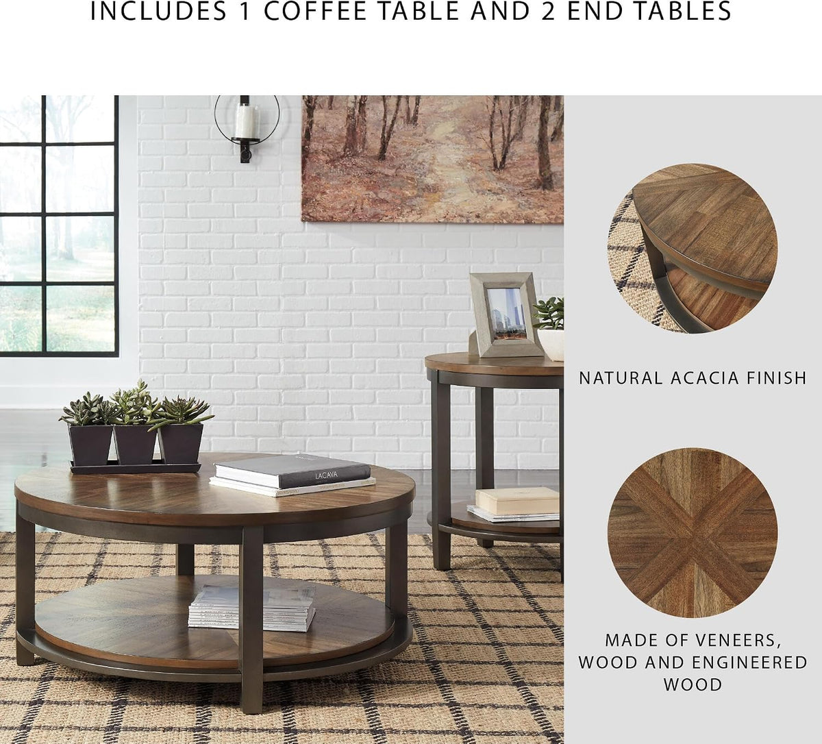 Signature Design by Ashley Roybeck 3-Piece Wood Coffee and End Table Set | Round tables with fixed lower shelves, Dark bronze-tone frame, Veneers, wood and engineered wood, Natural acacia finish