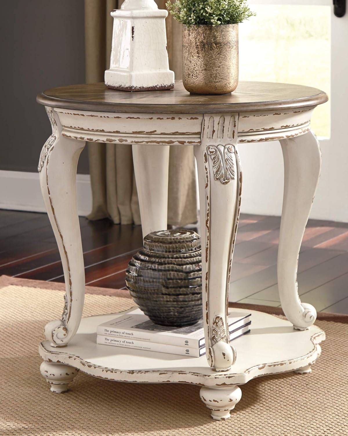 Ashley Realyn 60" Home Office Desk with USB Charging & Round End Table, Chipped White