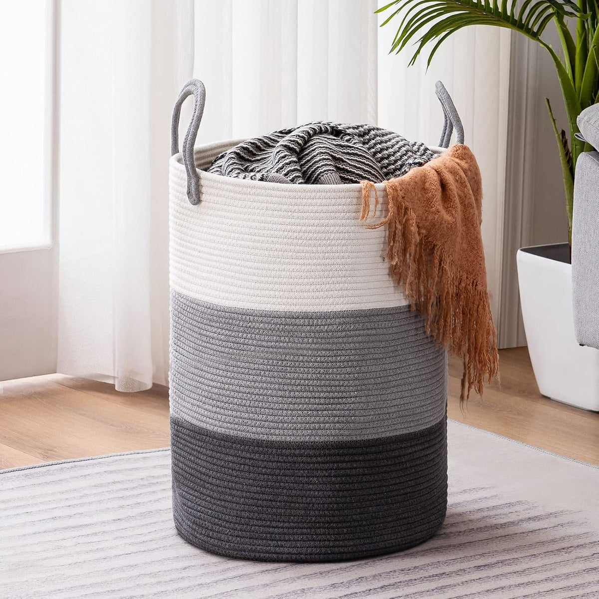 YOUDENOVA Jute Rope Laundry Hamper Basket, 58L Blanket Basket for Nursery